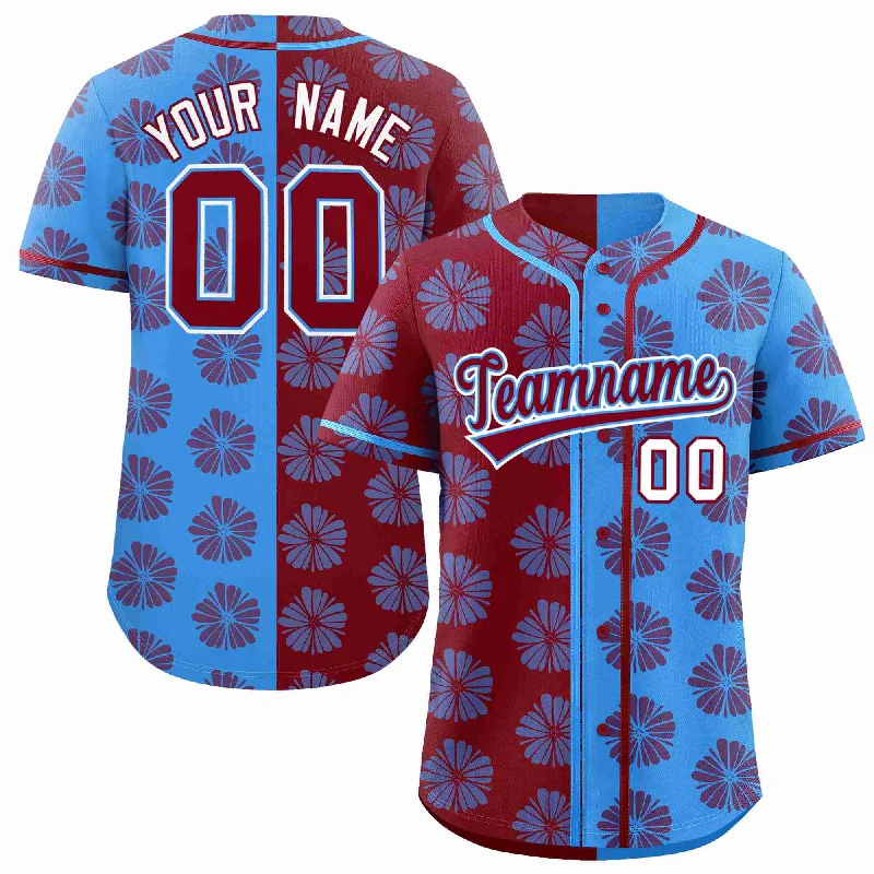 Baseball Jersey for Baseball Event Merch-Custom Crimson Powder Blue Split Fashion Flower Graffiti Pattern Authentic Baseball Jersey