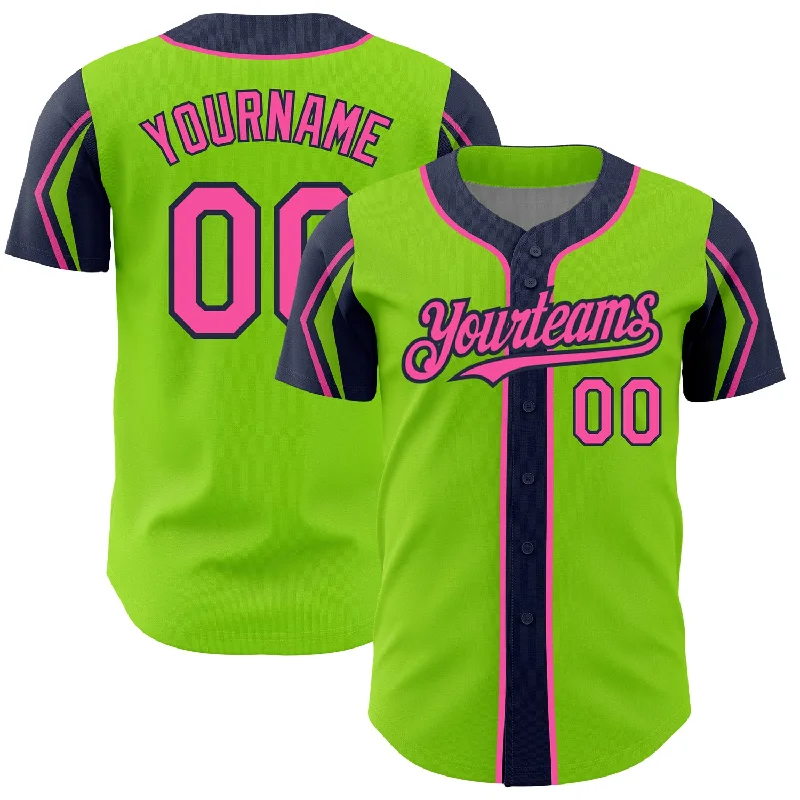 Baseball Jersey for Custom Team Apparel-Custom Neon Green Pink-Navy 3 Colors Arm Shapes Authentic Baseball Jersey