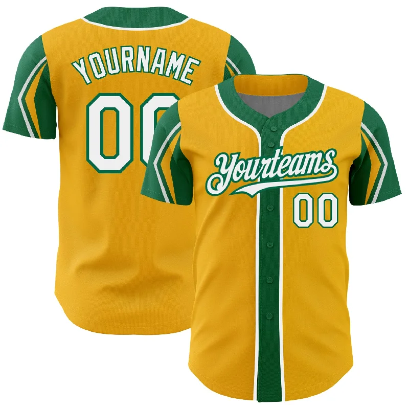 Baseball Jersey for Team Logo and Branding-Custom Gold White-Kelly Green 3 Colors Arm Shapes Authentic Baseball Jersey