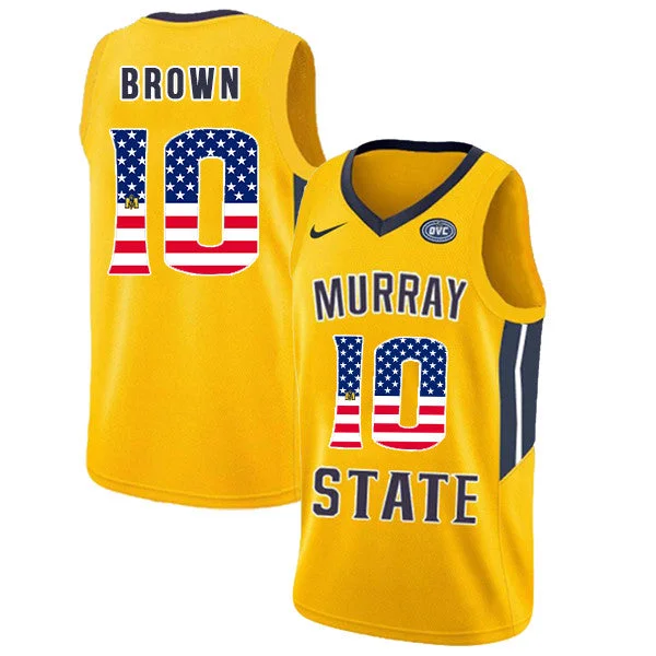 Basketball Jersey for Casual Fan Gear-Murray State Racers 10 Tevin Brown Yellow USA Flag College Basketball Basketball Jersey