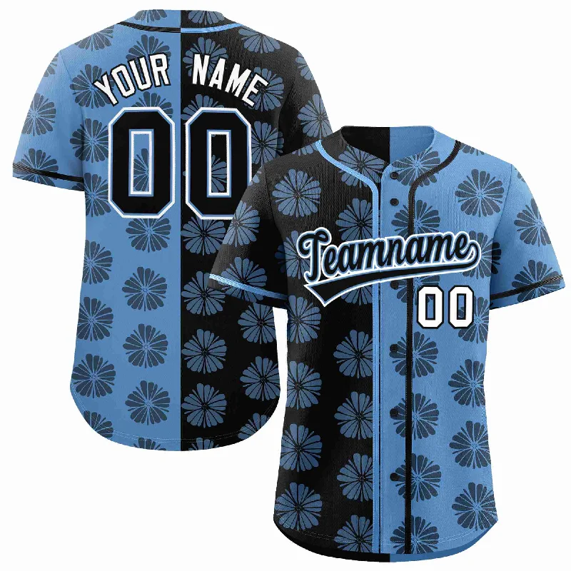 Baseball Jersey for Custom Printed Designs-Custom Black Light Blue Split Fashion Flower Graffiti Pattern Authentic Baseball Jersey