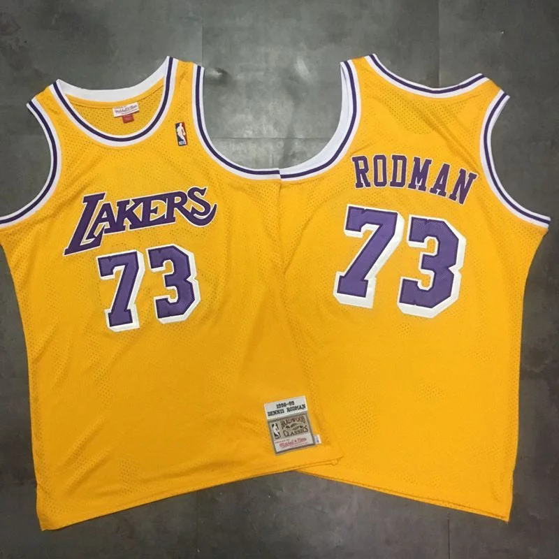 Basketball Jersey for Youth Sports Teams and Leagues-Lakers 73 Dennis Rodman Yellow 1998-99 Hardwood Classics Mesh Basketball Jersey