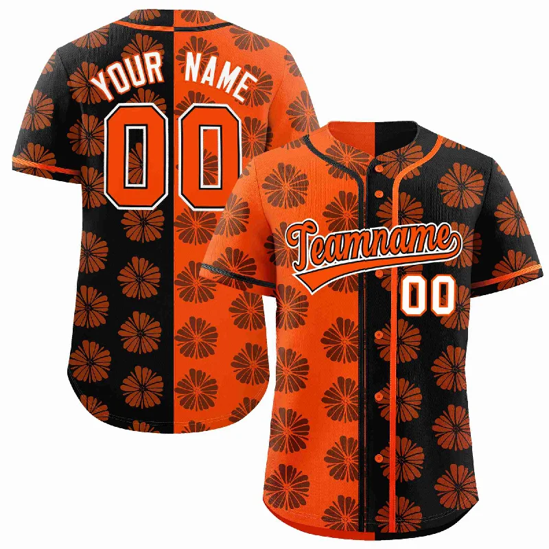 Baseball Jersey for Durable and Breathable Fabric-Custom Orange Black Split Fashion Flower Graffiti Pattern Authentic Baseball Jersey