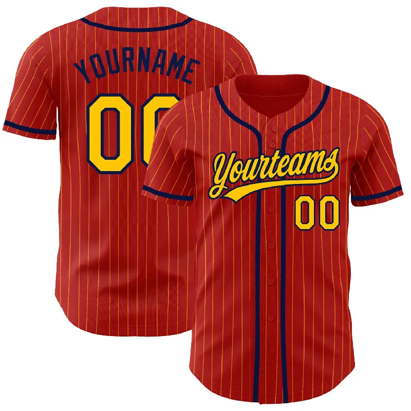 Baseball Jersey for Complete Custom Apparel-Custom Red Yellow Pinstripe Navy Authentic Baseball Jersey