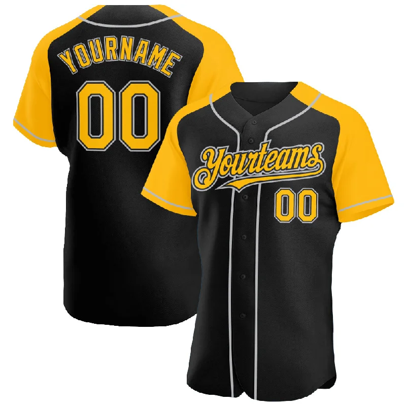 Baseball Jersey for Sports Team Support Apparel-Custom Black Gold-Gray Authentic Raglan Sleeves Baseball Jersey