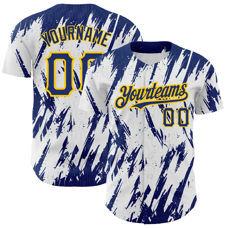 Baseball Jersey for Collectible Items-Custom White Royal-Yellow 3D Pattern Design Abstract Sharp Shape Authentic Baseball Jersey