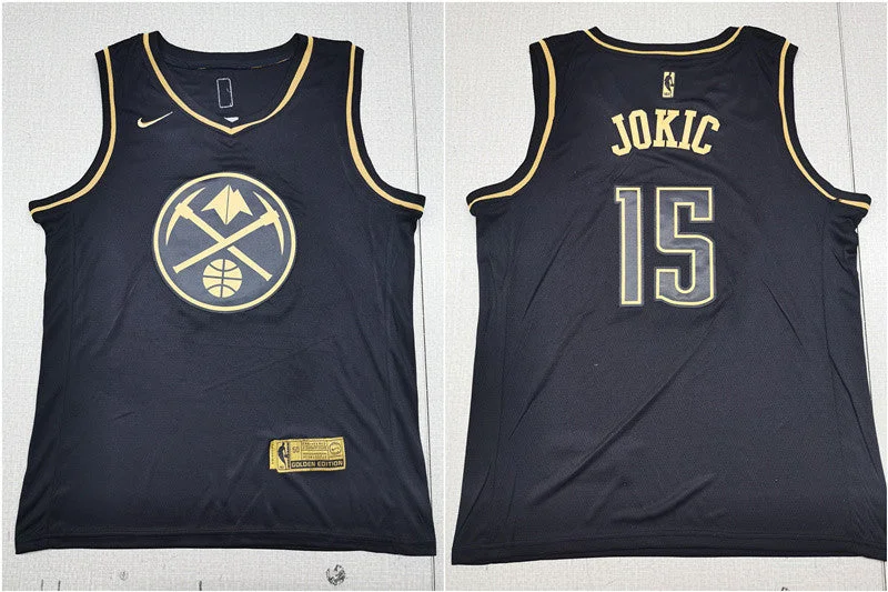 Basketball Jersey for Comfortable Fit-Nuggets 15 Nikola Jokic Black Gold Swingman Basketball Jersey