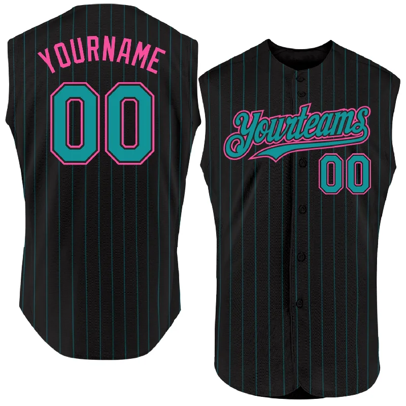 Baseball Jersey for Cool and Breathable Fit-Custom Black Teal Pinstripe Pink Authentic Sleeveless Baseball Jersey