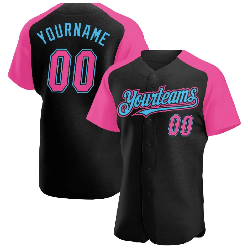 Baseball Jersey for Cool Custom Player Designs-Custom Black Pink-Sky Blue Authentic Raglan Sleeves Baseball Jersey