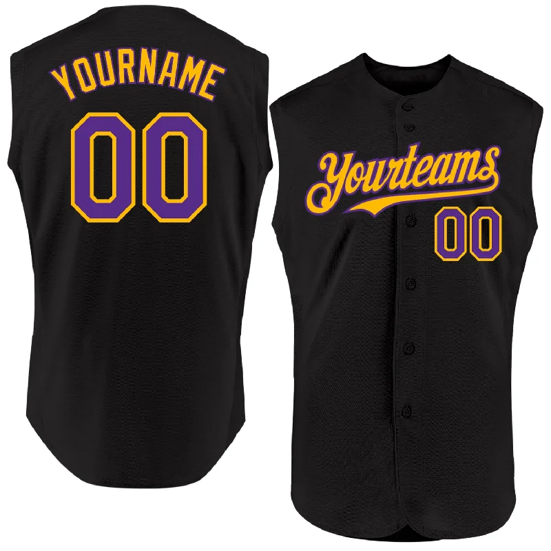 Baseball Jersey for School Baseball Teams-Custom Black Purple-Gold Authentic Sleeveless Baseball Jersey