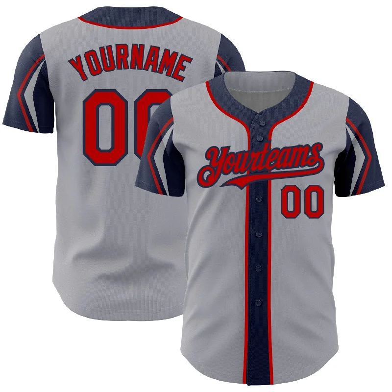 Baseball Jersey for Professional Baseball Players-Custom Gray Red-Navy 3 Colors Arm Shapes Authentic Baseball Jersey