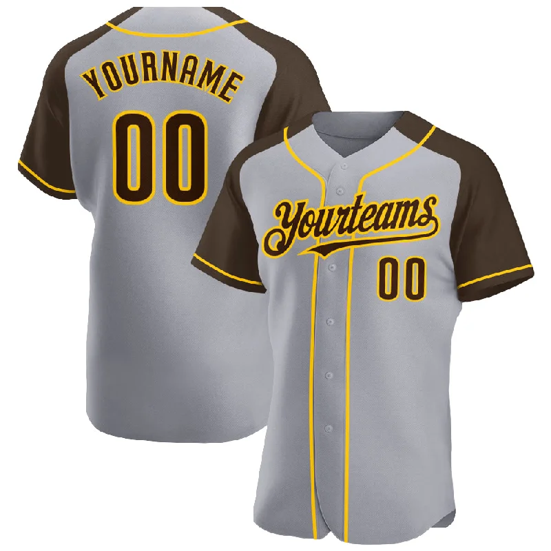 Baseball Jersey for Professional Team Gear-Custom Gray Brown-Yellow Authentic Raglan Sleeves Baseball Jersey