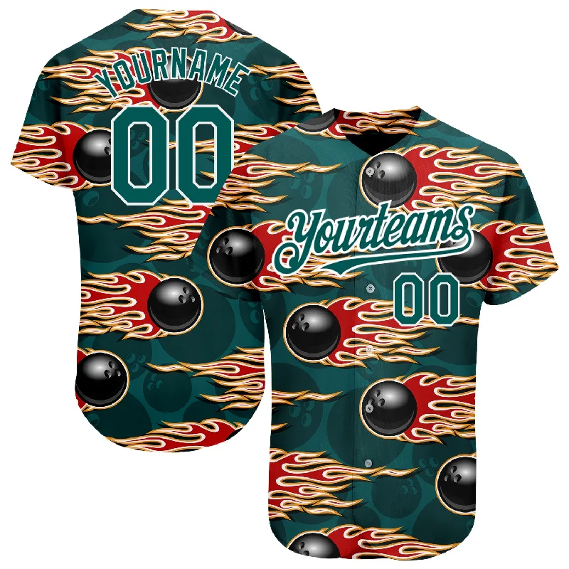 Baseball Jersey for Casual Baseball Supporter Gear-Custom Midnight Green White 3D Pattern Design Bowling Ball With Hotrod Flame Authentic Baseball Jersey