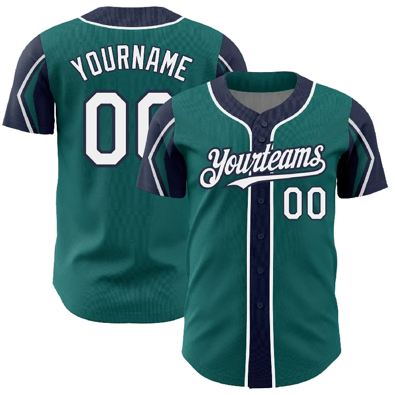 Baseball Jersey for Quality Fabric Finish-Custom Teal White-Navy 3 Colors Arm Shapes Authentic Baseball Jersey