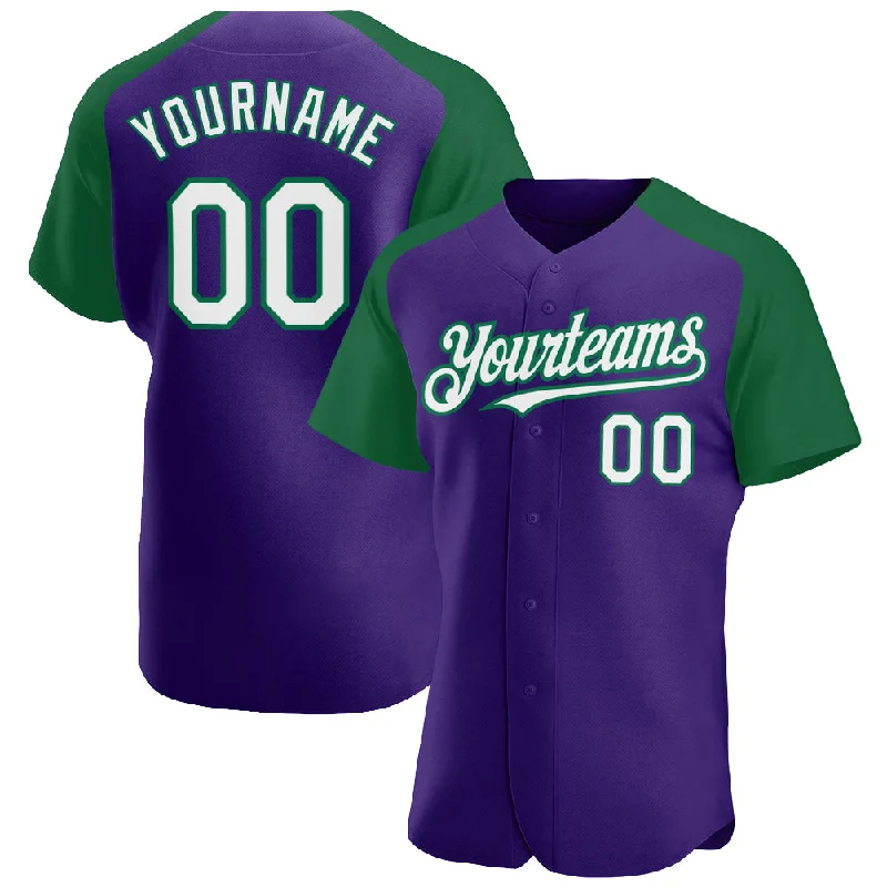 Baseball Jersey for Premium Fabric-Custom Purple White-Kelly Green Authentic Raglan Sleeves Baseball Jersey