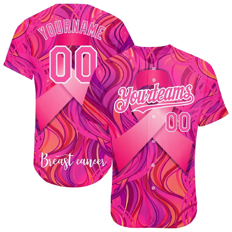 Baseball Jersey for Team Member Jerseys-Custom Pink White 3D Pink Ribbon Breast Cancer Awareness Month Women Health Care Support Authentic Baseball Jersey