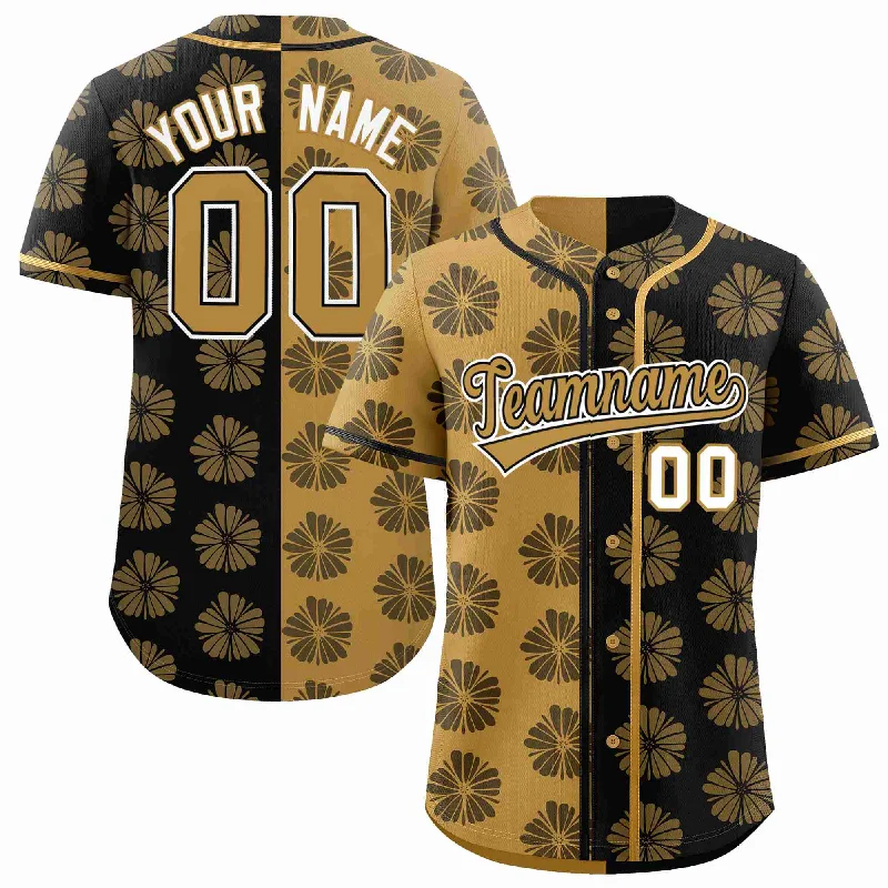 Baseball Jersey for Youth Team Spirit-Custom Old Gold Black Split Fashion Flower Graffiti Pattern Authentic Baseball Jersey