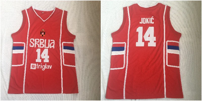 Basketball Jersey for Comfortable and Stretchable Material-Serbia 14 Nikola Jokic Red Retro Classic Stitched Basketball Basketball Jersey