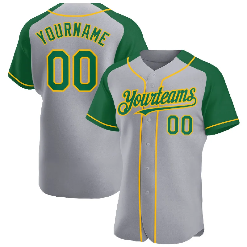 Baseball Jersey for Fan-Favorite Custom Gear-Custom Gray Kelly Green-Gold Authentic Raglan Sleeves Baseball Jersey