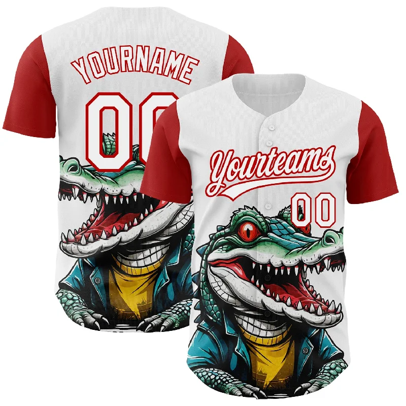 Baseball Jersey for Sports Event Fans-Custom White Red 3D Pattern Design Cartoon Crocodile Authentic Baseball Jersey