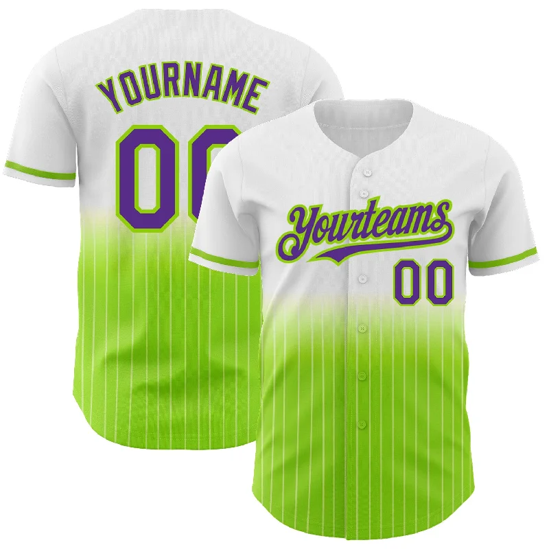 Baseball Jersey for Comfortable Game Wear-Custom White Pinstripe Purple-Neon Green Authentic Fade Fashion Baseball Jersey