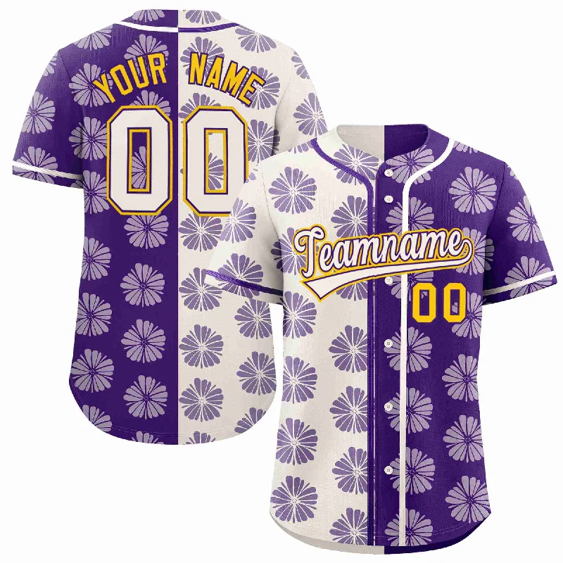 Baseball Jersey for Fan Support Apparel-Custom Cream Purple Split Fashion Flower Graffiti Pattern Authentic Baseball Jersey