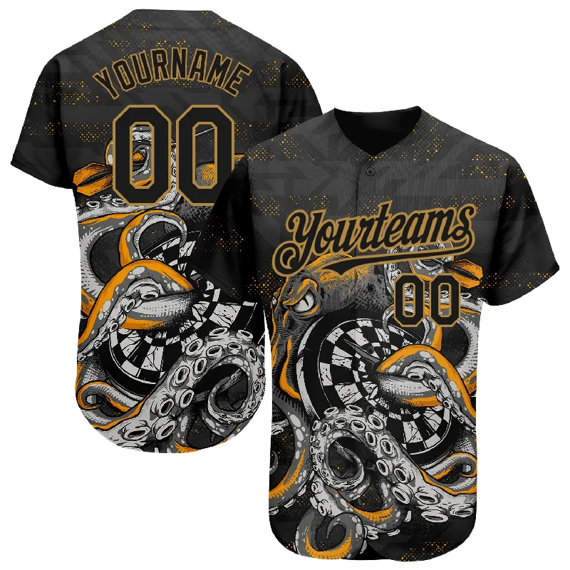 Baseball Jersey for Cool Fabric and Design-Custom Black Old Gold 3D Pattern Design Octopus Wrapped Around Dart Board Authentic Baseball Jersey