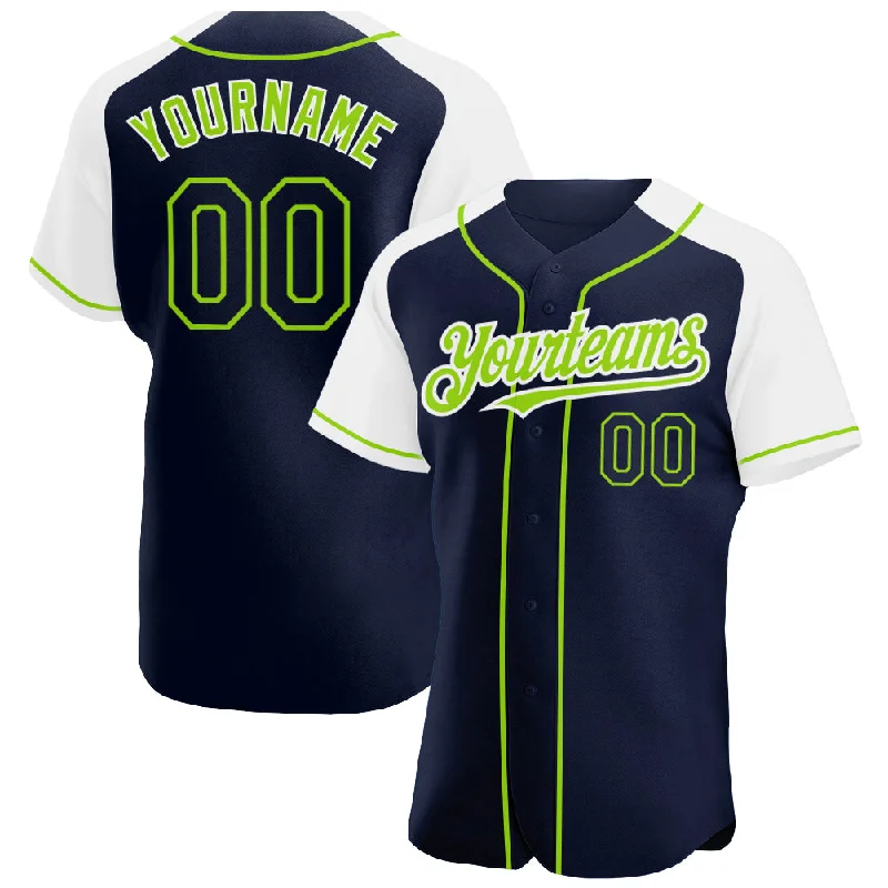 Baseball Jersey for Team Identity Apparel-Custom Navy White-Neon Green Authentic Raglan Sleeves Baseball Jersey