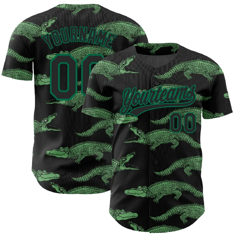 Baseball Jersey for Lightweight Comfort-Custom Black Kelly Green 3D Pattern Design Crocodile Authentic Baseball Jersey