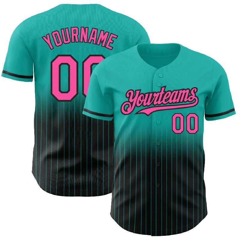 Baseball Jersey for Custom Logo Designs-Custom Aqua Pinstripe Pink-Black Authentic Fade Fashion Baseball Jersey