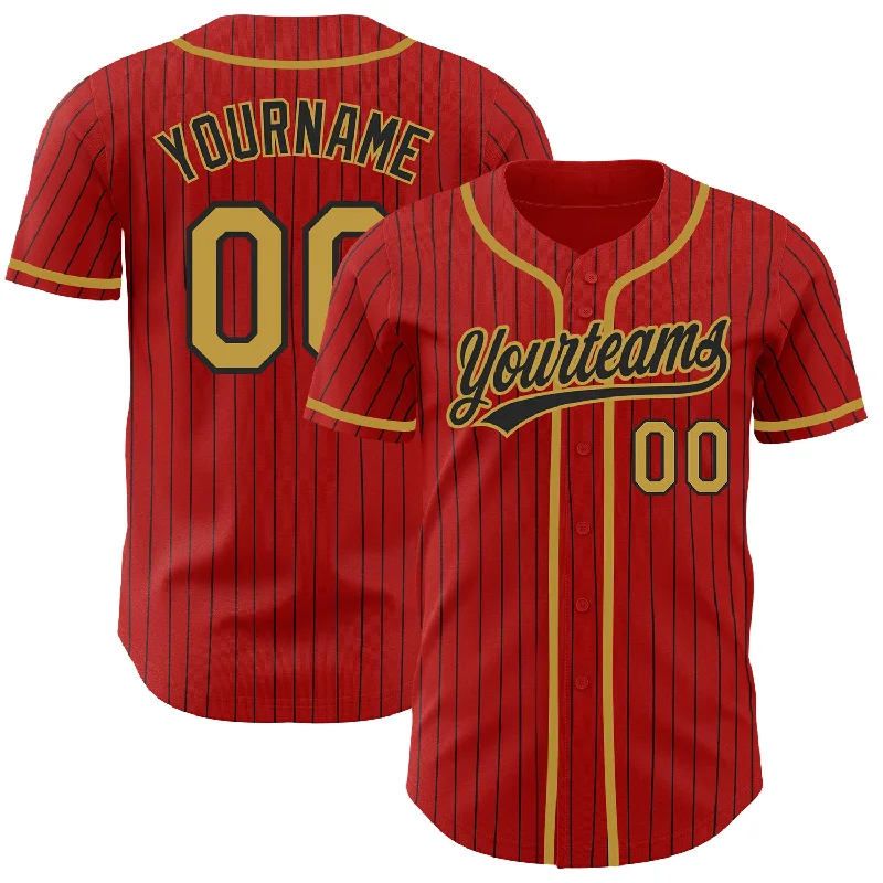 Baseball Jersey for Customizable Fanwear-Custom Red Black Pinstripe Old Gold Authentic Baseball Jersey