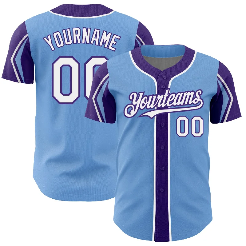 Baseball Jersey for High-Performance Game Wear-Custom Light Blue White-Purple 3 Colors Arm Shapes Authentic Baseball Jersey