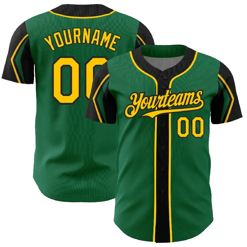 Baseball Jersey for Batting and Fielding Gear-Custom Kelly Green Yellow-Black 3 Colors Arm Shapes Authentic Baseball Jersey