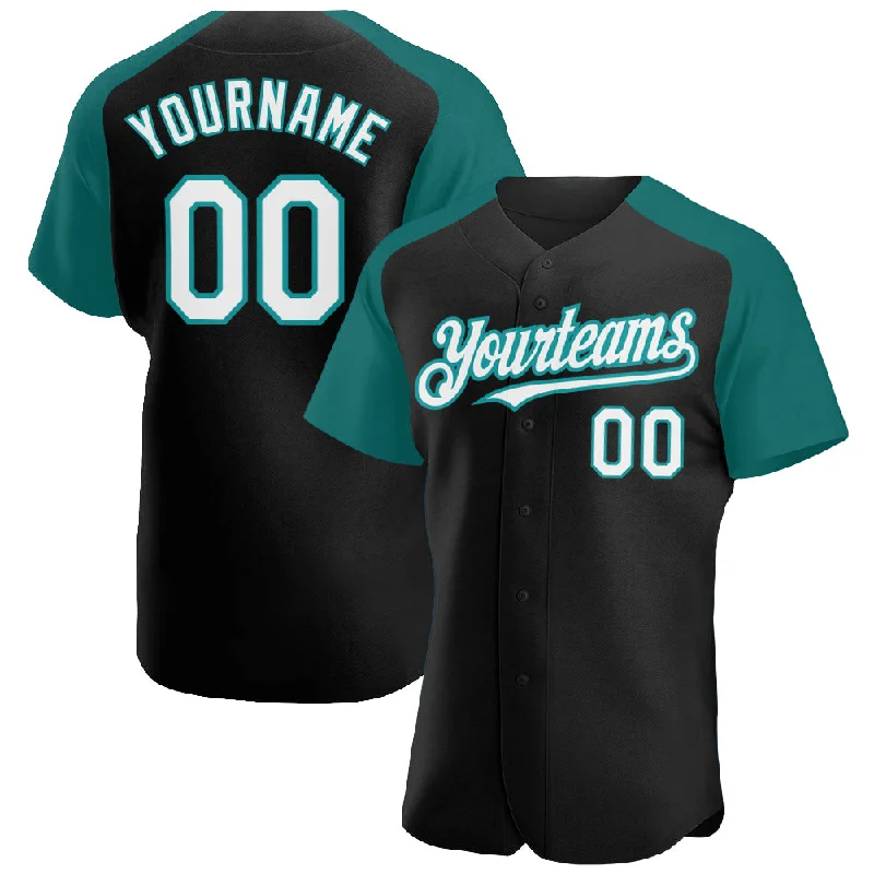 Baseball Jersey for Baseball Game Gear-Custom Black White-Teal Authentic Raglan Sleeves Baseball Jersey