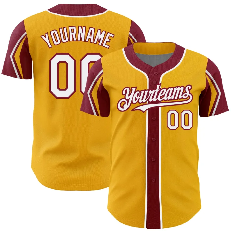 Baseball Jersey for Youth Team Spirit-Custom Gold White-Crimson 3 Colors Arm Shapes Authentic Baseball Jersey