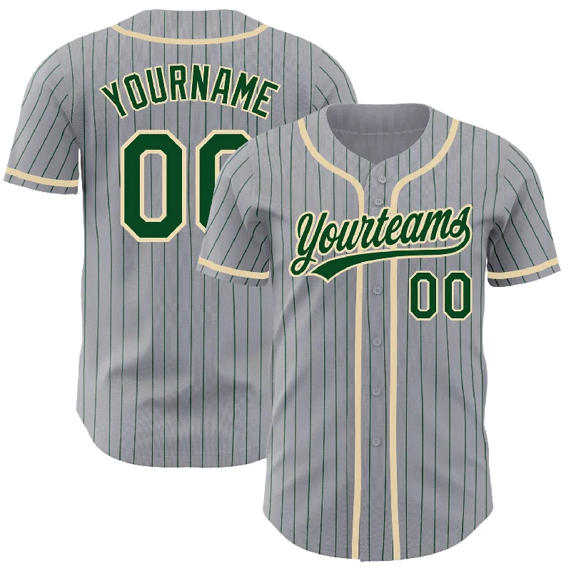 Baseball Jersey for Personalized Fan Designs-Custom Gray Green Pinstripe City Cream Authentic Baseball Jersey