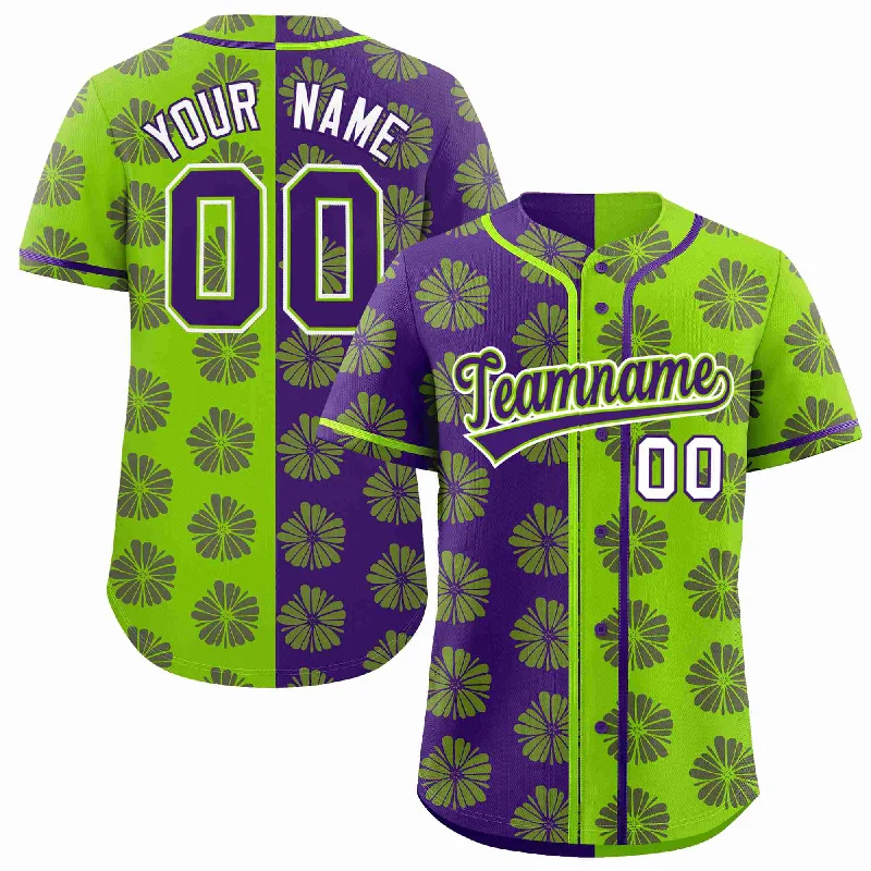 Baseball Jersey for Cool Fabric and Design-Custom Purple Neon Green Split Fashion Flower Graffiti Pattern Authentic Baseball Jersey