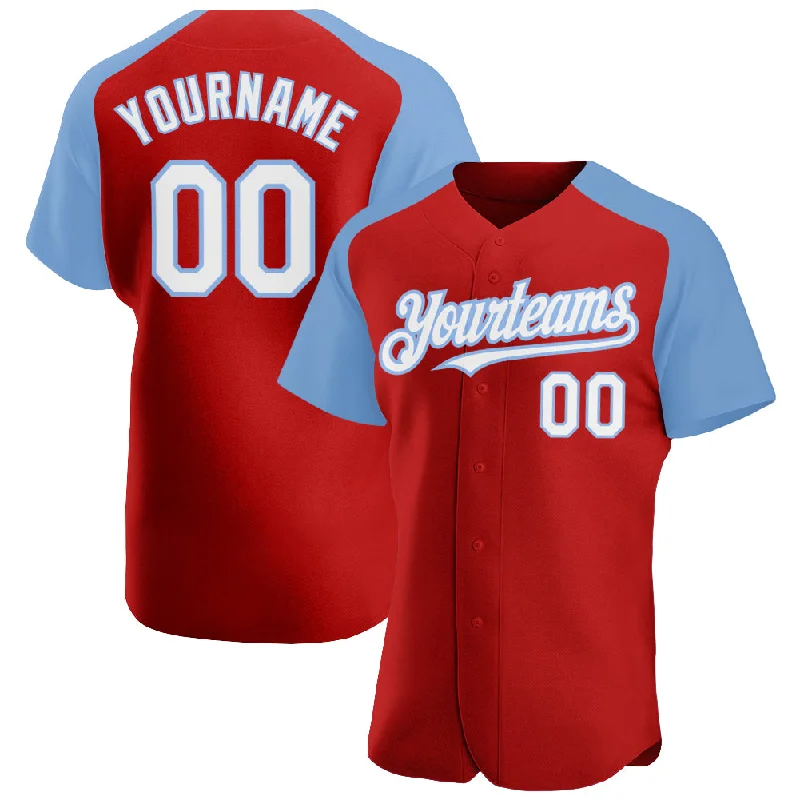 Baseball Jersey for Game Night Apparel-Custom Red White-Light Blue Authentic Raglan Sleeves Baseball Jersey