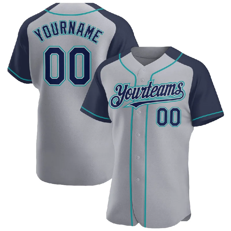 Baseball Jersey for Professional Team Jersey Design-Custom Gray Navy-Teal Authentic Raglan Sleeves Baseball Jersey