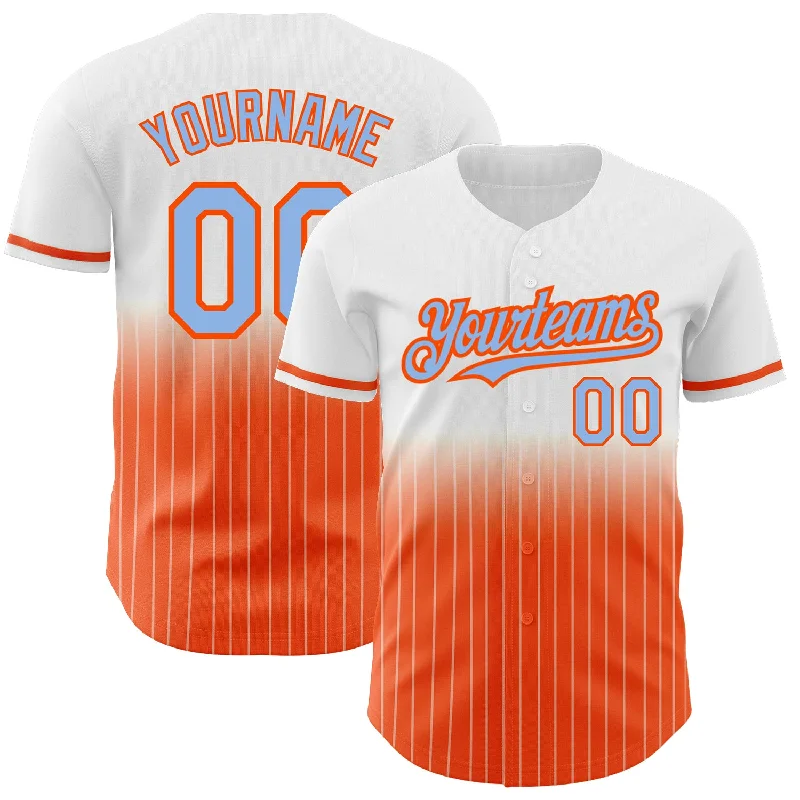 Baseball Jersey for High-School Baseball Teams-Custom White Pinstripe Light Blue-Orange Authentic Fade Fashion Baseball Jersey