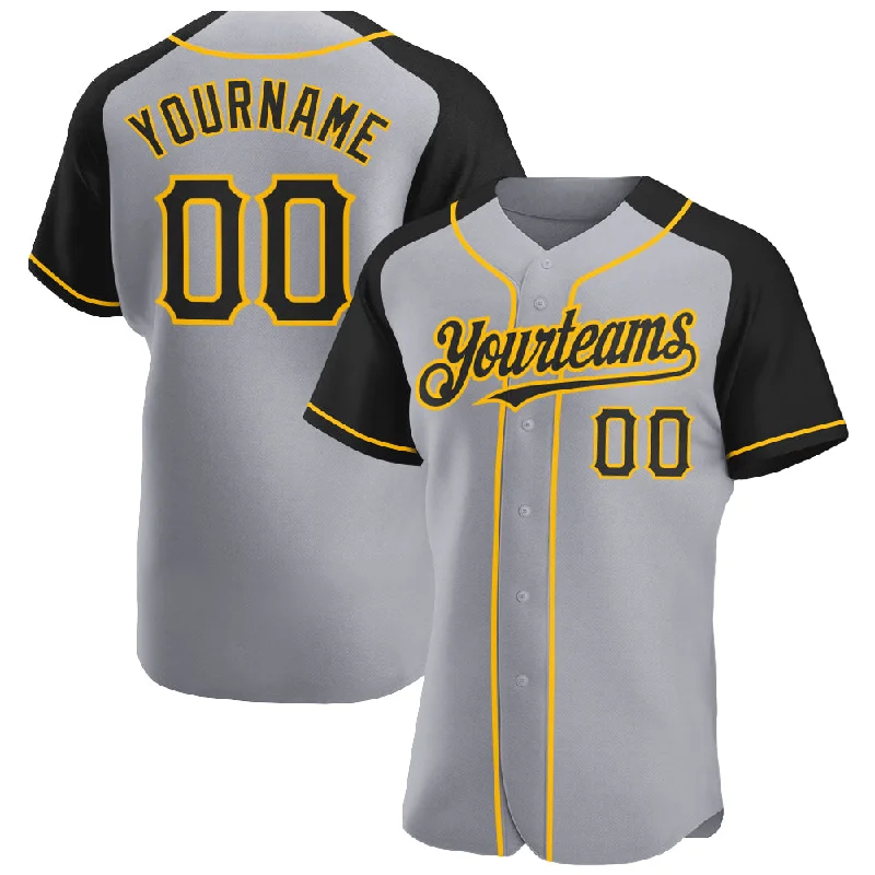 Baseball Jersey for Baseball Training Gear-Custom Gray Black-Gold Authentic Raglan Sleeves Baseball Jersey