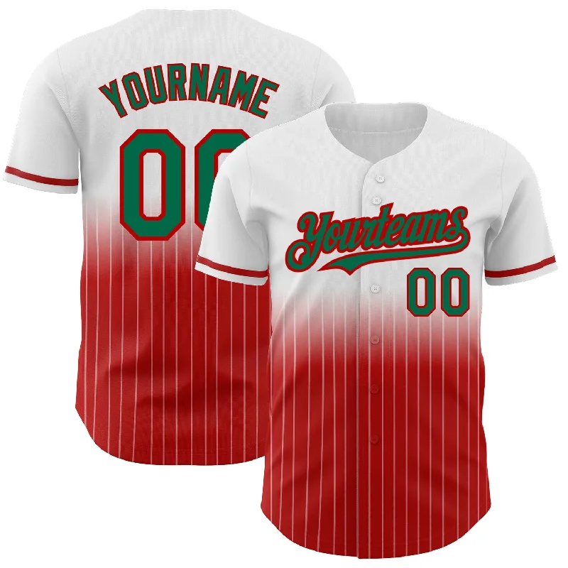 Baseball Jersey for Youth and Adult Sizes-Custom White Pinstripe Kelly Green-Red Authentic Fade Fashion Baseball Jersey