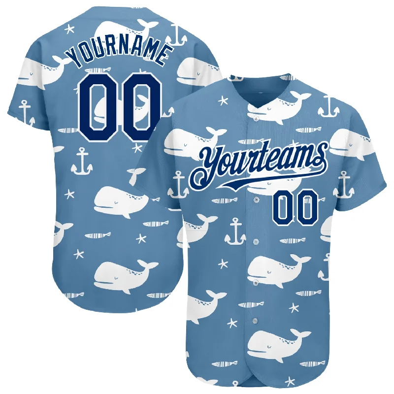 Baseball Jersey for Young Baseball Enthusiasts-Custom Light Blue US Navy Blue-White 3D Pattern Design Whale Authentic Baseball Jersey