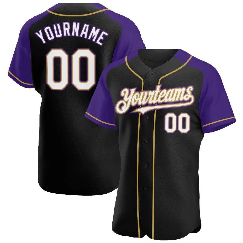 Baseball Jersey for Youth Customization-Custom Black White Purple-Old Gold Authentic Raglan Sleeves Baseball Jersey