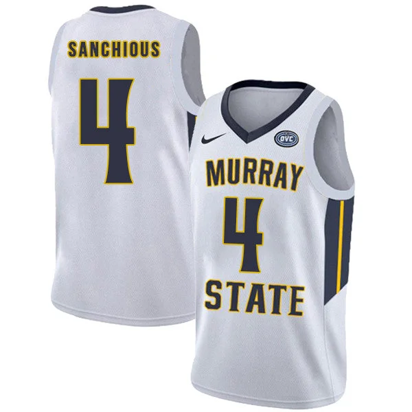 Basketball Jersey for Breathable Sports Fabric-Murray State Racers 4 Brion Sanchious White College Basketball Basketball Jersey