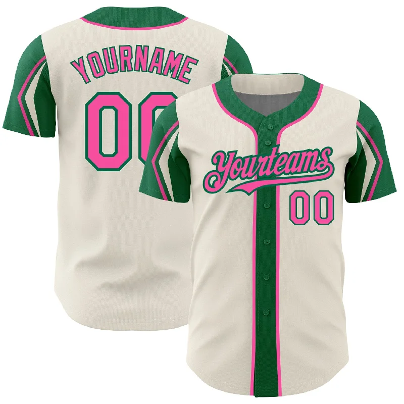 Baseball Jersey for All-Around Baseball Wear-Custom Cream Pink-Kelly Green 3 Colors Arm Shapes Authentic Baseball Jersey