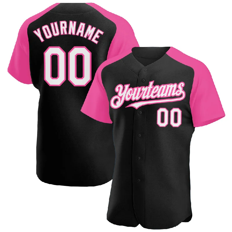 Baseball Jersey for Softball Teams-Custom Black White-Pink Authentic Raglan Sleeves Baseball Jersey