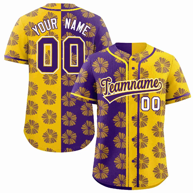 Baseball Jersey for High-Quality Athletic Wear-Custom Purple Gold Split Fashion Flower Graffiti Pattern Authentic Baseball Jersey