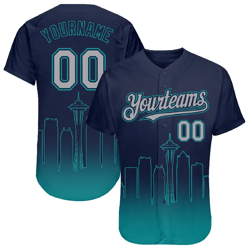 Baseball Jersey for Soft and Comfortable Fit-Custom Navy Gray-Teal 3D Seattle City Edition Fade Fashion Authentic Baseball Jersey