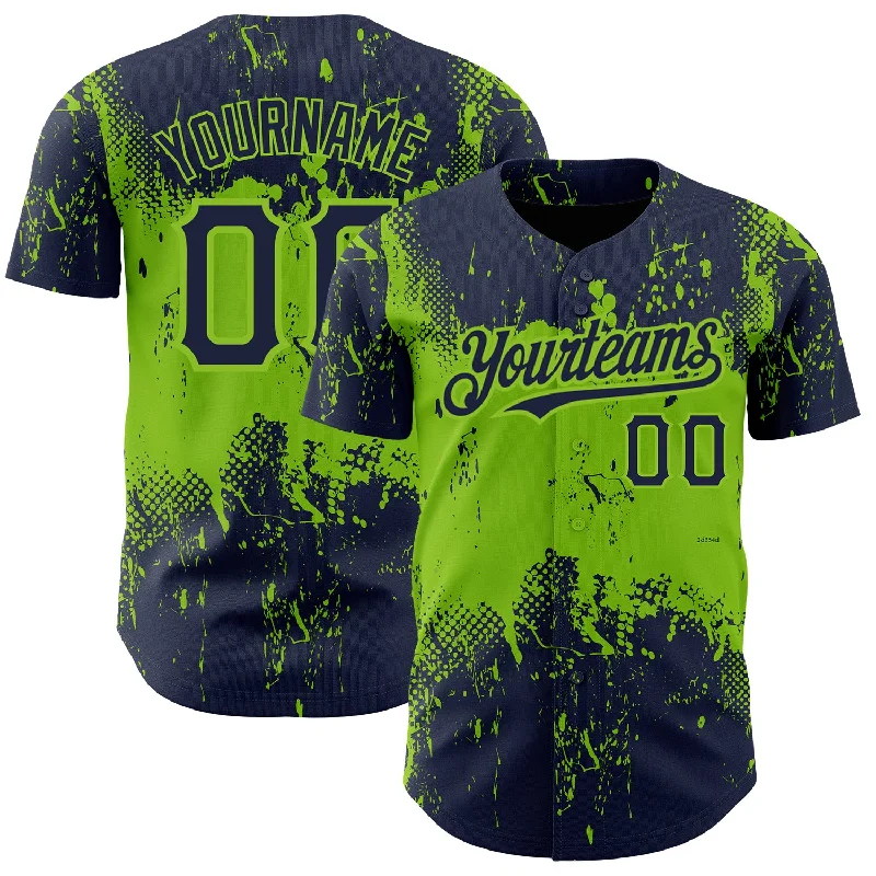 Baseball Jersey for Fan-Favorite Custom Gear-Custom Navy Neon Green 3D Pattern Design Abstract Splatter Grunge Art Authentic Baseball Jersey